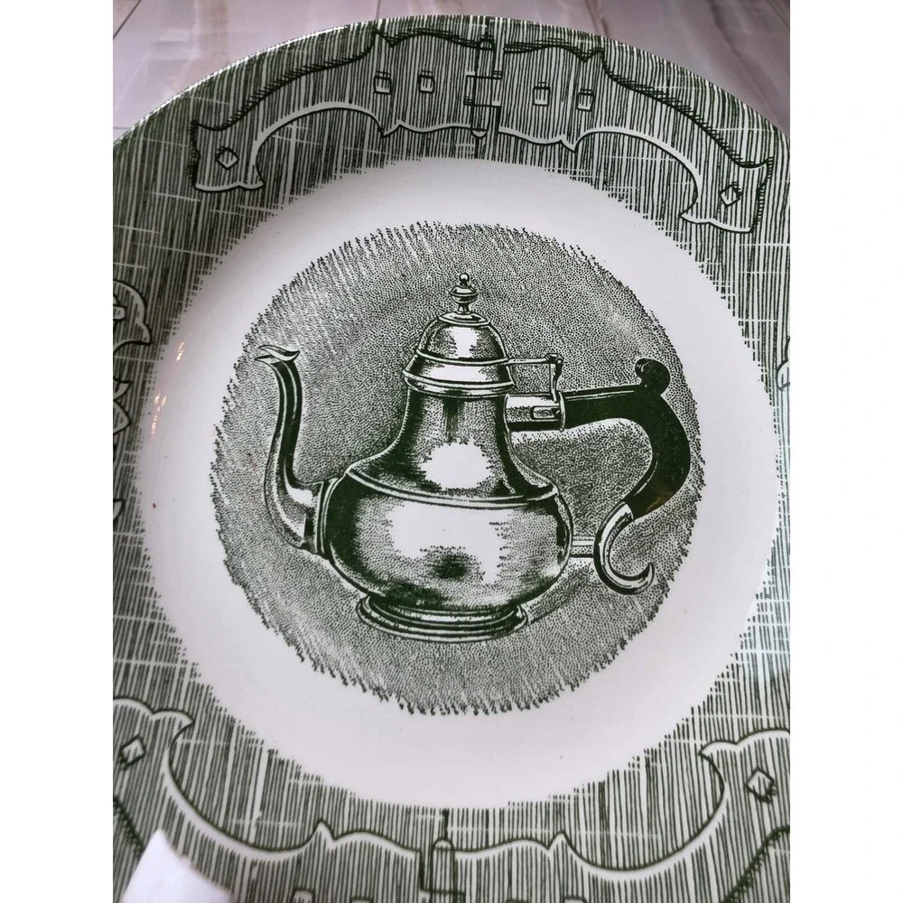 Vintage Green Transferware Teapot Bread and Butter‎ Plates Set of 6 6.25 Inch A2